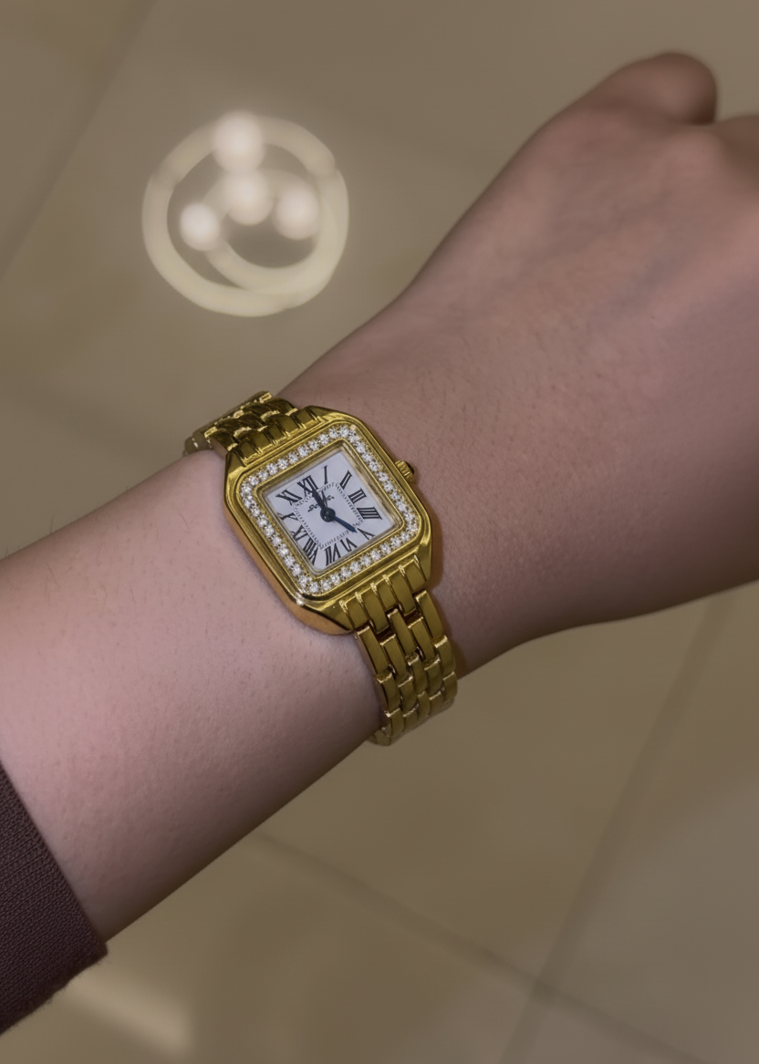 Diamond Embedded Gold tone square dial Watch