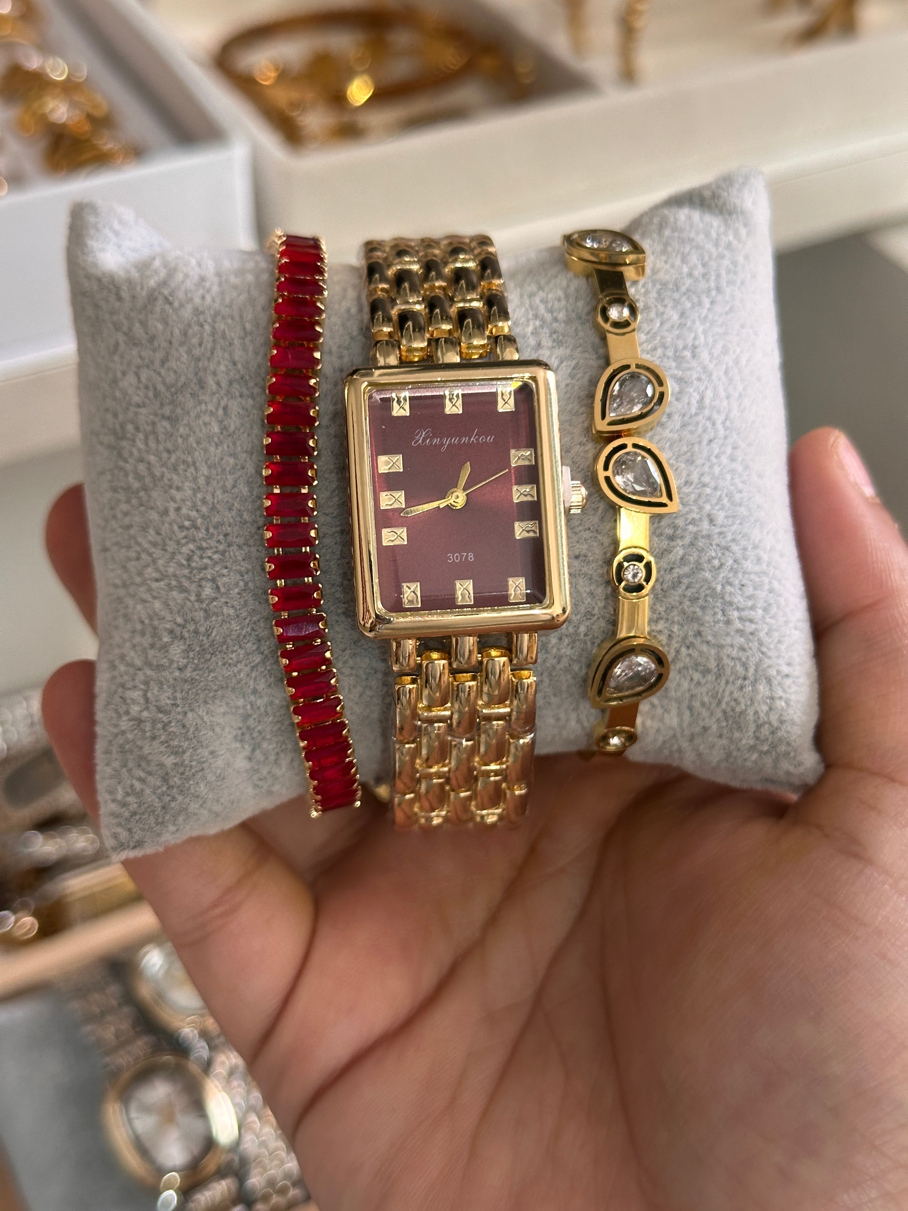 Cherry Red Dial Vintage Watch- Gold