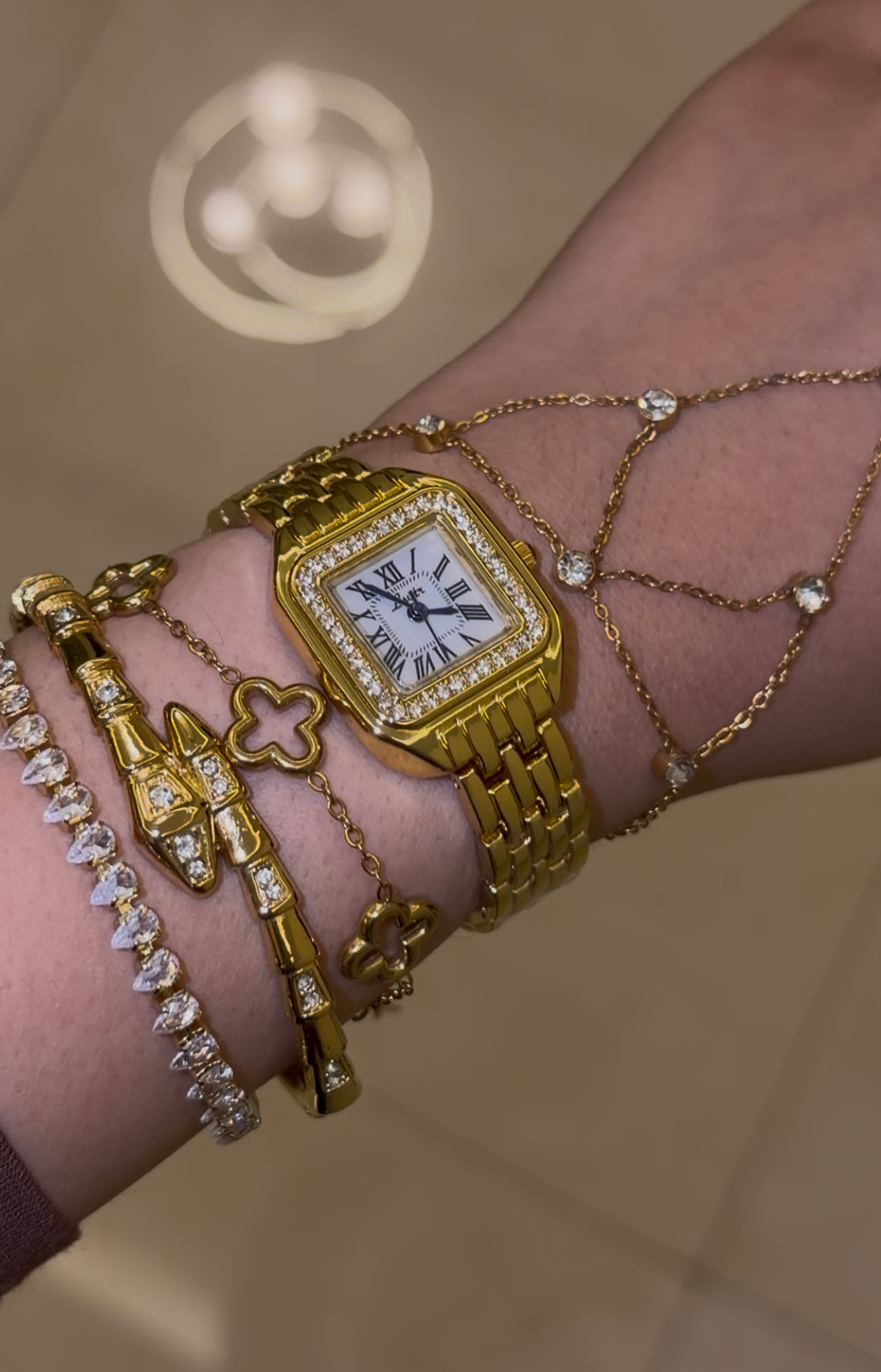 Diamond Embedded Gold tone square dial Watch