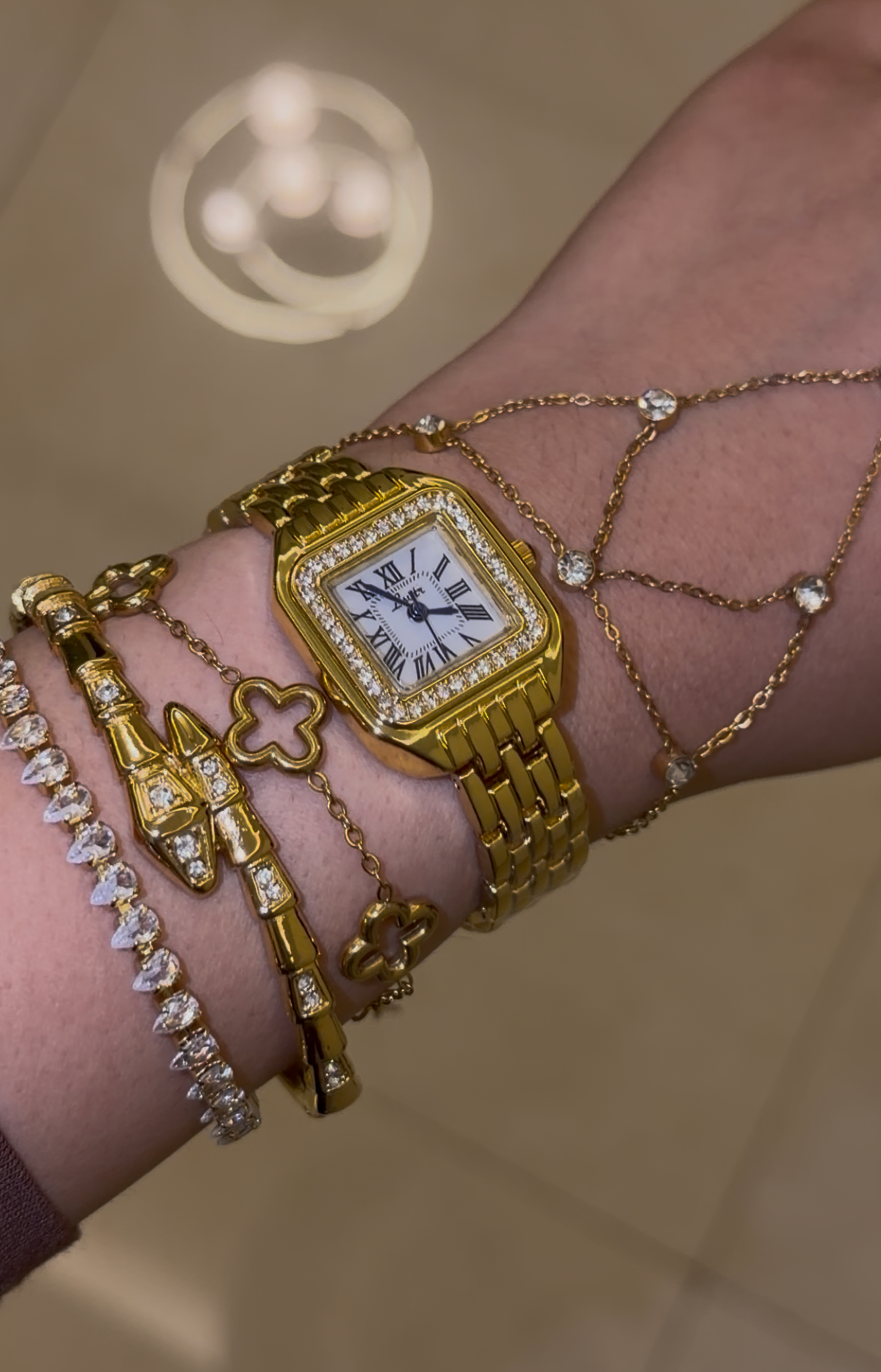 Diamond Embedded Gold tone square dial Watch