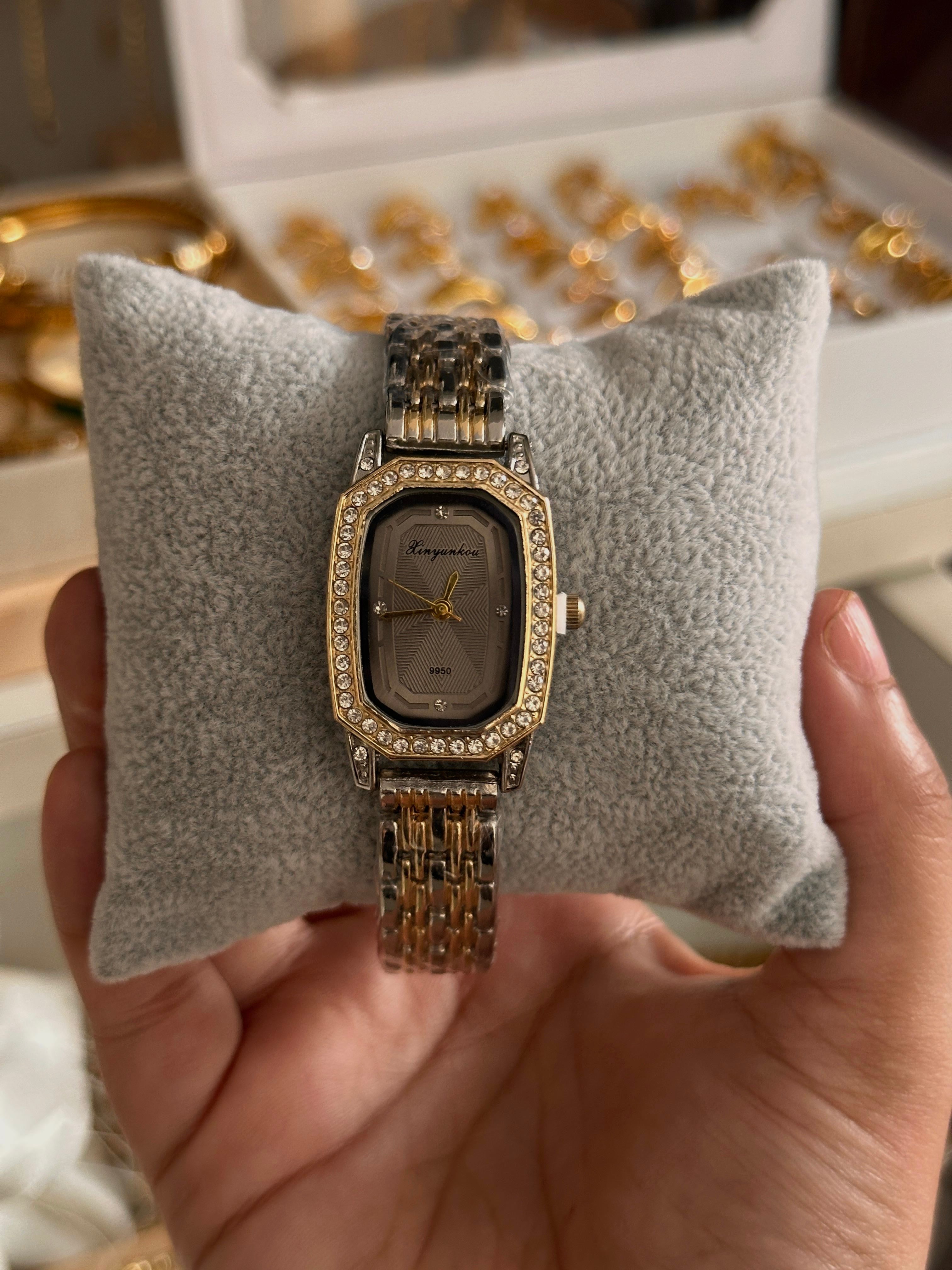 Diamond Studded Grey Dial Vintage Watch-2 Tone