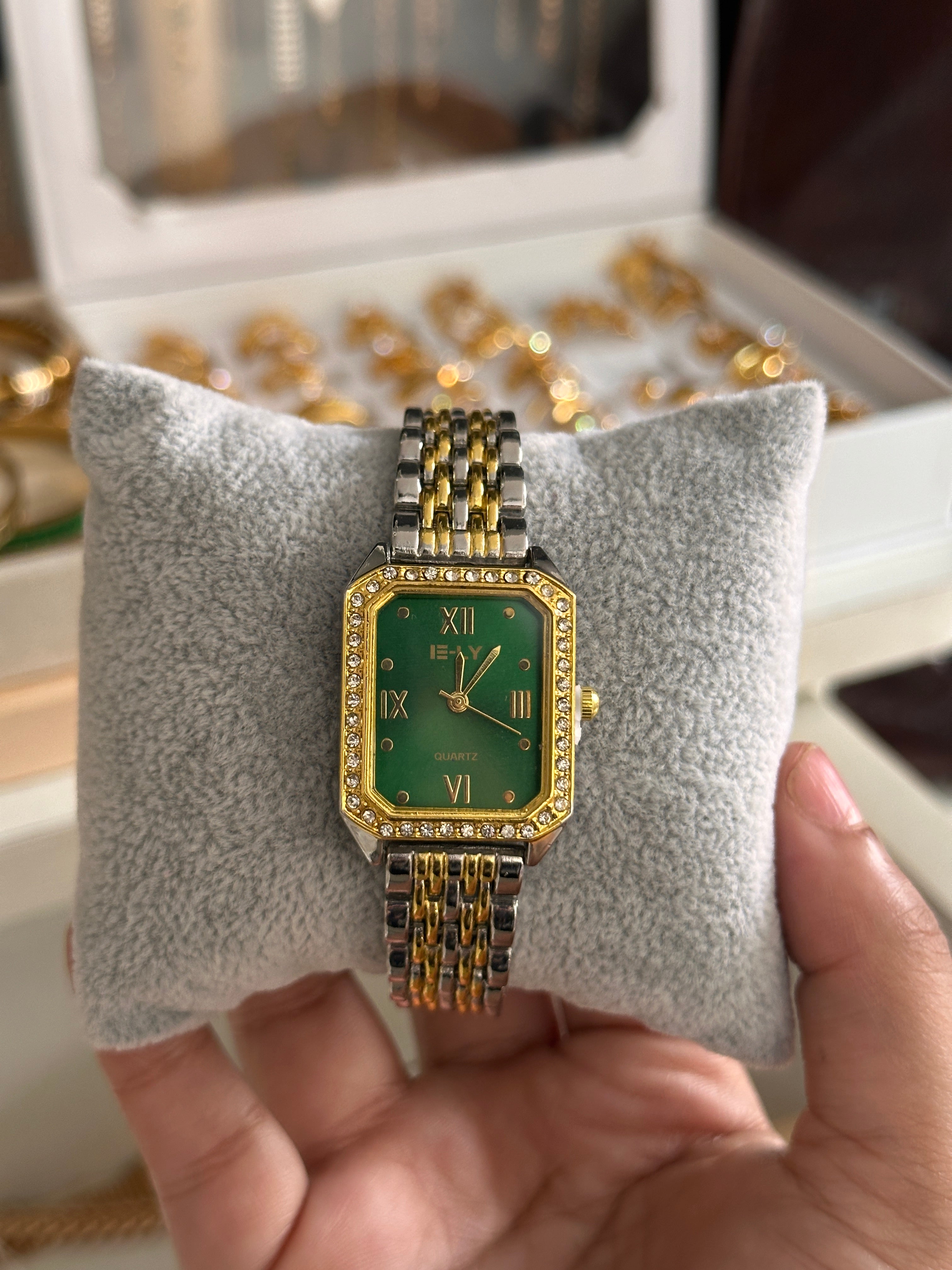 Diamond Studded Forest Green Vintage Watch- 2 Tone